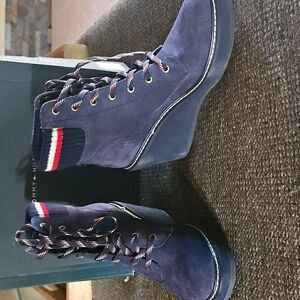 Tommy Hilfiger Women's Blue Lace-Up Wedge Boots
